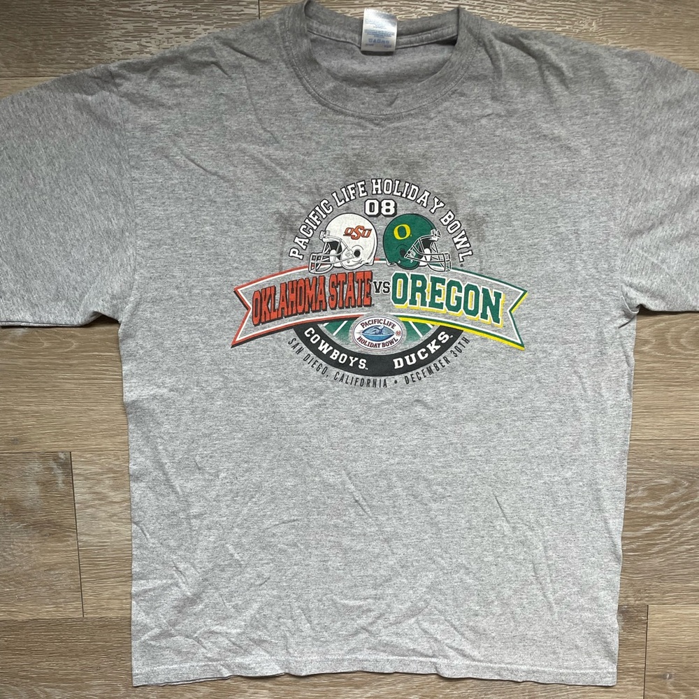 2008 Holiday Bowl Oregon vs Oklahoma State Grey Cotton T Shirt